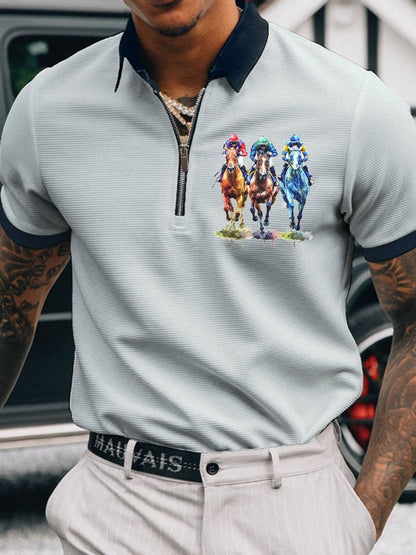 Men's Horse Racing Printed Casual Polo Shirt