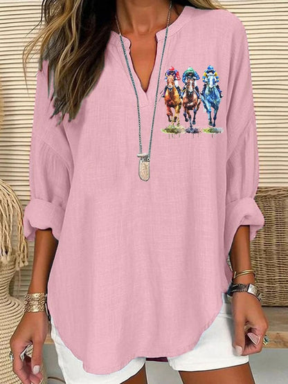 Women's Horse Racing Print Casual Long Sleeve V-Neck Shirt