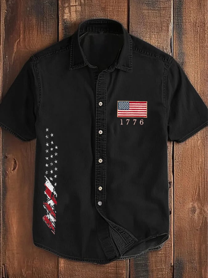 Men's Isolated Vintage Flag Design Printed Casual Short Sleeve Shirt