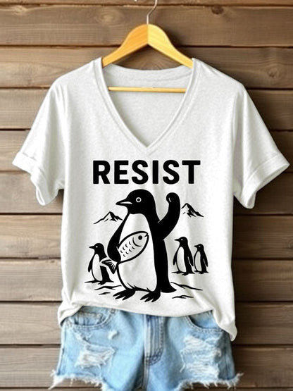 Women's Penguins Resist Printed V Neck T-shirt