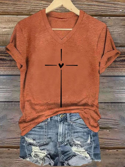 Women's Christian Faith Cross Printed V-Neck Short Sleeve T-Shirt