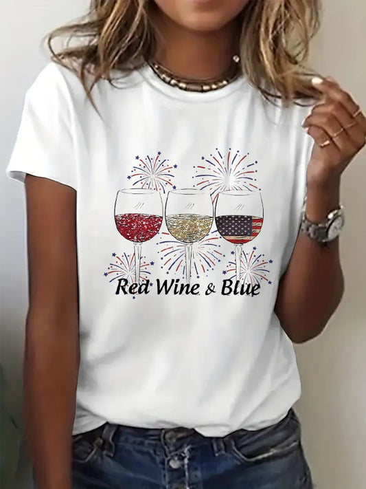 🔥Last Day 49% Off🔥Women's Red Wine And Blue Print Casual T-Shirt