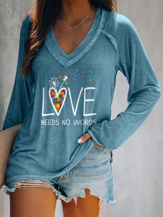 V-neck Autism Awareness Love Needs No Words Print T-Shirt