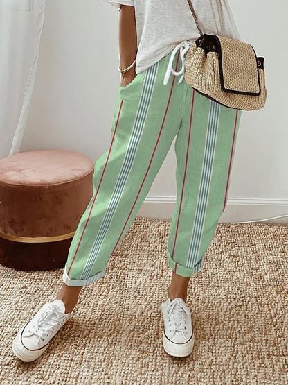 Women's Striped Design Lace-Up Elastic Waist Loose Casual Pants