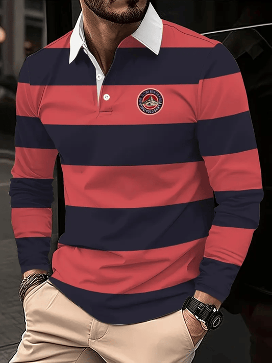 Men's Retro Business Stripe Print Long Sleeve Polo Shirt