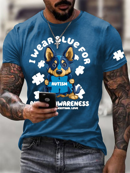 Men's Retro I Wear Blue For The Month Of April For Autism Print Casual Round Neck T-Shirt