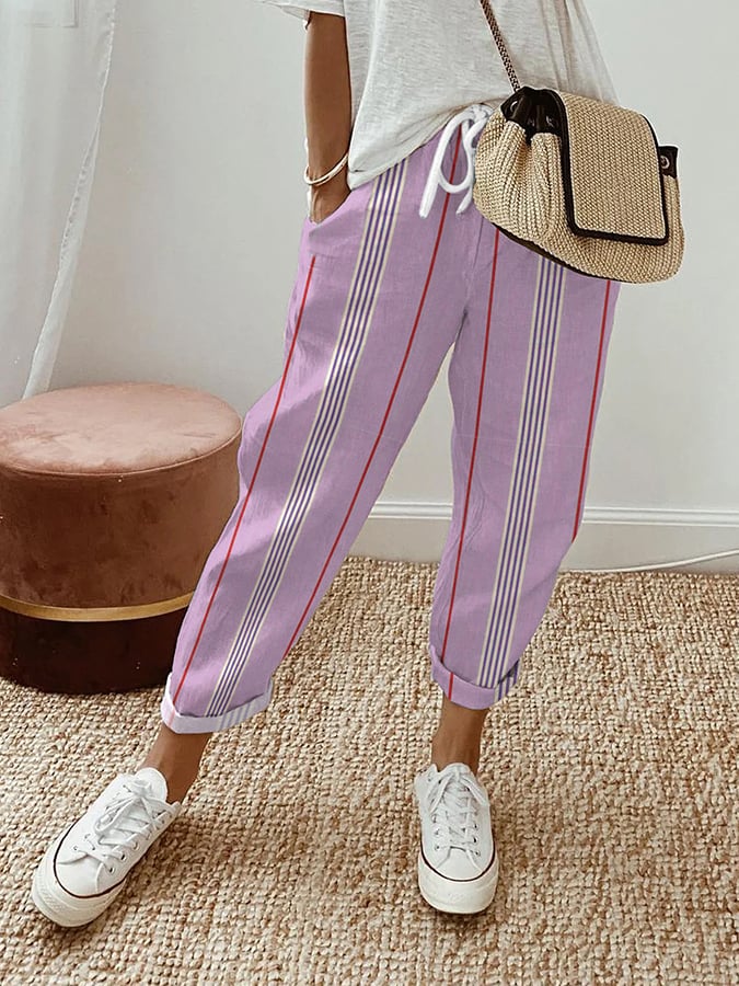Women's Striped Design Lace-Up Elastic Waist Loose Casual Pants