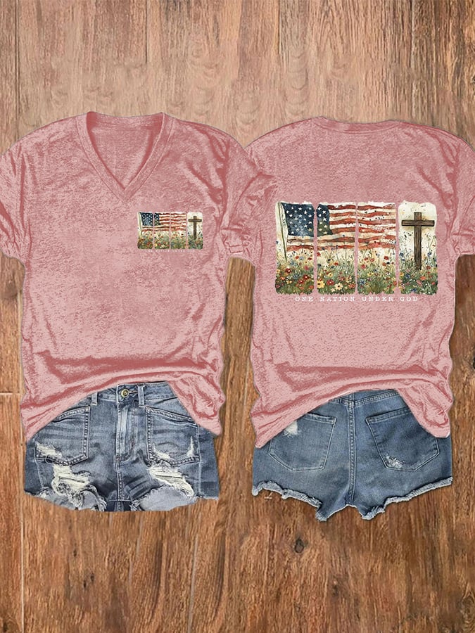 Women'S Casual One Nation Under God Faith Graphic Print Short Sleeve T-Shirt