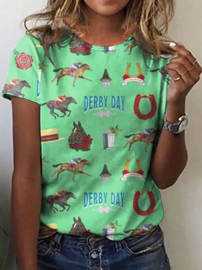 Women's Derby Horses Print Crew Neck T-Shirt