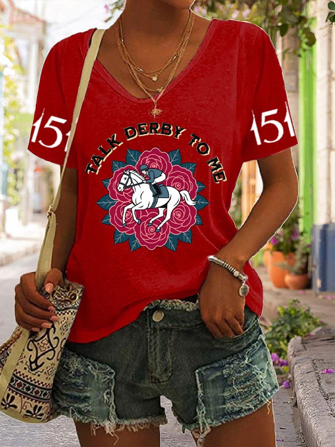 Women's Horse Racing Print V-Neck T-Shirt