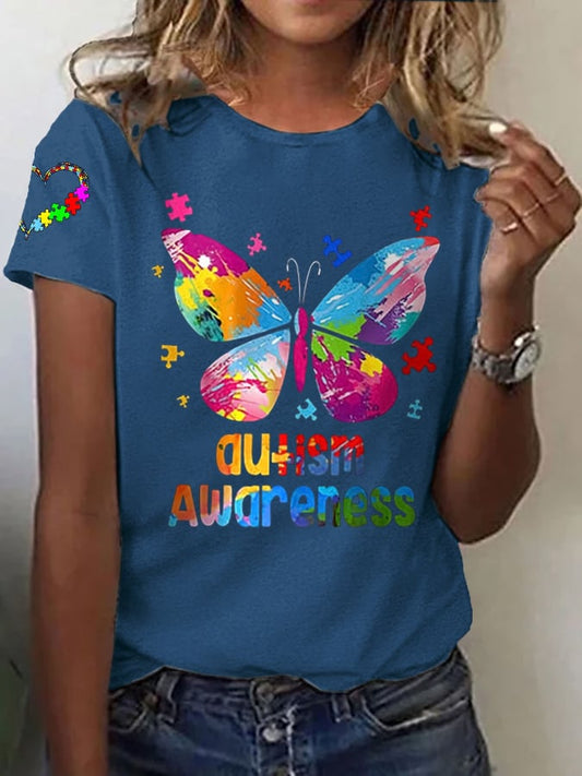 Women's Autism Awareness Printed Casual T-Shirt