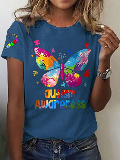 Women's Autism Awareness Printed Casual T-Shirt