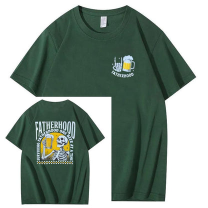 Fatherhood Skull And Beer Pattern Print Cotton T-Shirt