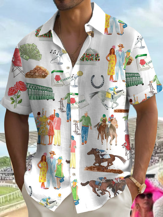 Men'S Retro Kentucky Derby Printed Short Sleeve Shirt