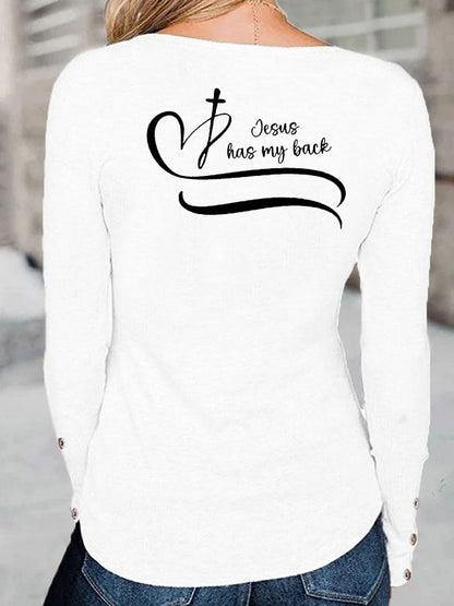 Women's Faith Love Like Jesus Jesus Has My Back Print Button Top