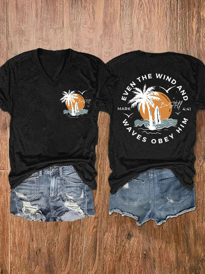 Women's Casual Western Christian Faith Bible Verse Double-Sided Printed V-Neck Short Sleeve T-Shirt