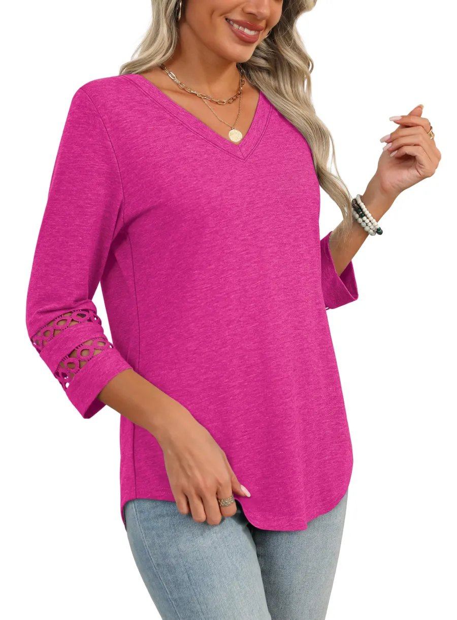 2025 New Womens 3/4 Length Sleeve Tops Trendy V Neck T Shirts(buy 3 free shipping)