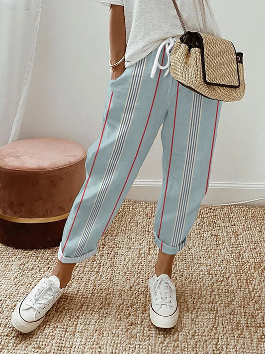 Women's Striped Design Lace-Up Elastic Waist Loose Casual Pants