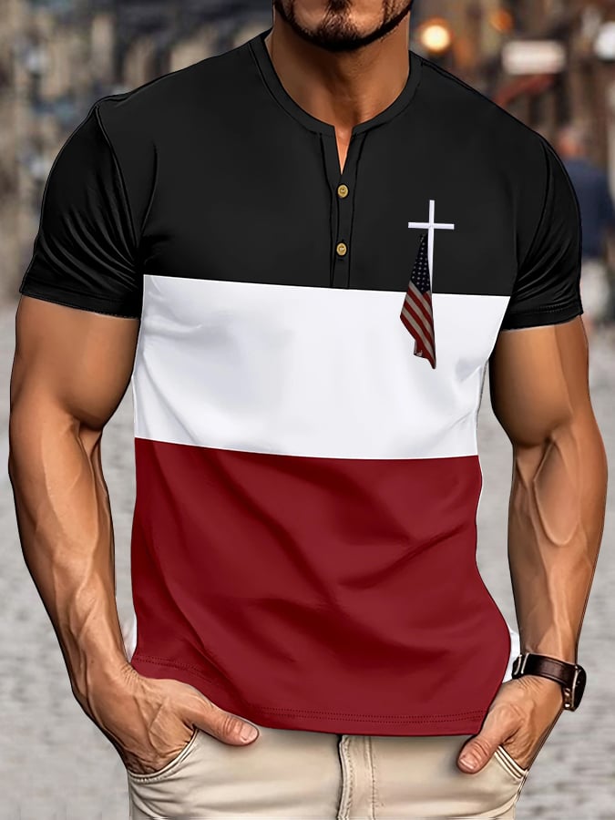 Men's Flag Cross Print Henley Top