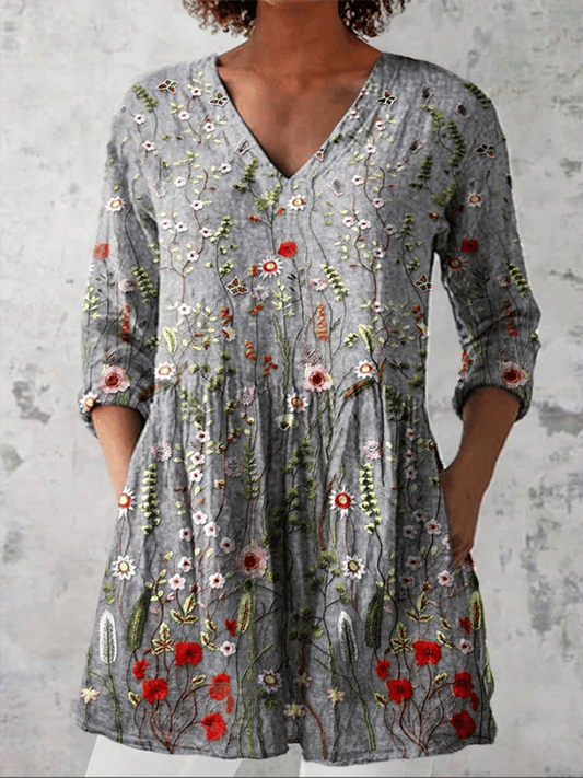 Women's Vintage Floral Art Print Casual Cotton Linen V-Neck Shirt