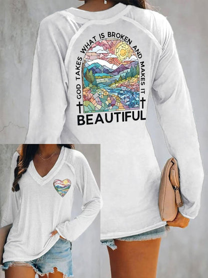 Women's God Takes What is Broken And  Makes It BeauTiful V Neck T-Shirt