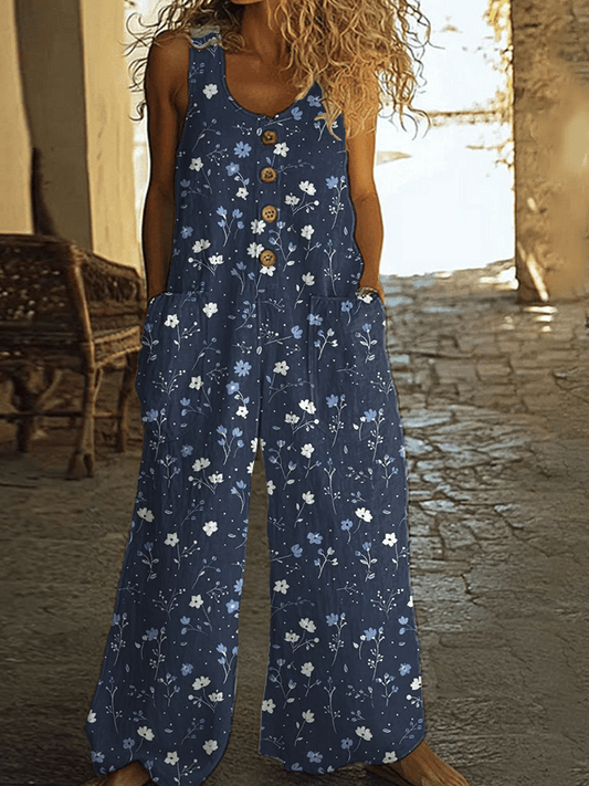 Women's Vintage Check Floral Print Button Casual Jumpsuit
