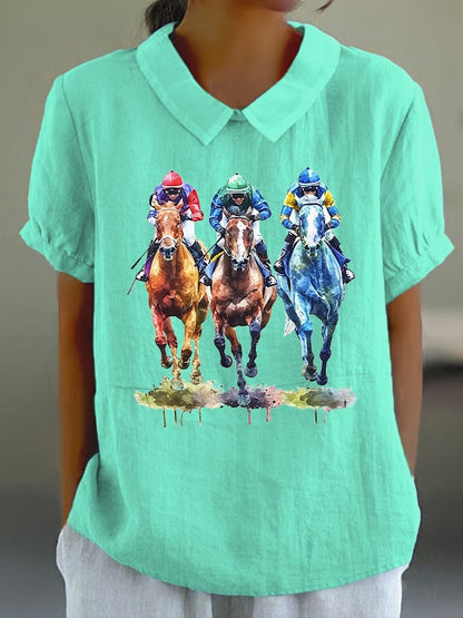 Women's Horse Racing Printed Doll Collar Casual Shirt