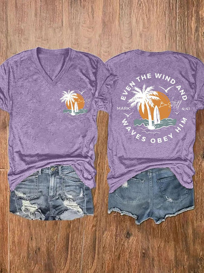 Women's Casual Western Christian Faith Bible Verse Double-Sided Printed V-Neck Short Sleeve T-Shirt