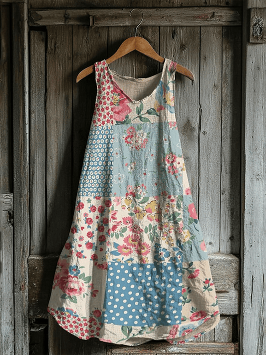 Women's Vintage Floral Patchwork Art Linen Blend Tank Dress