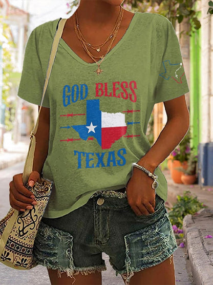 V-Neck Retro Texas Strong God Bless Texas Print T-Shirt