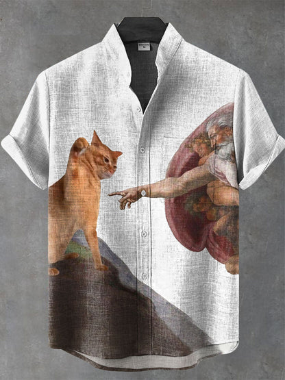 VIntage Funny Cat Art Print Casual 100% Cotton Shirt