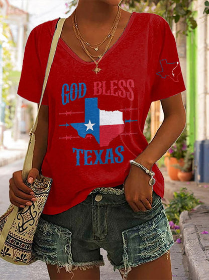 V-Neck Retro Texas Strong God Bless Texas Print T-Shirt