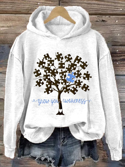 Women's Grow Your Awareness Tree of Life Autism Printed Hooded Sweatshirt