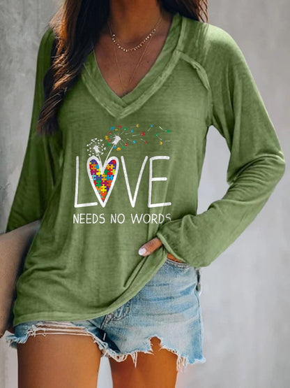 V-neck Autism Awareness Love Needs No Words Print T-Shirt