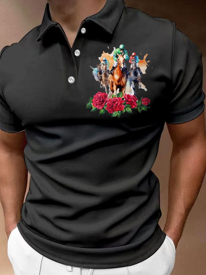 Men's Fashion Horse Racing Casual Printed Polo Shirt