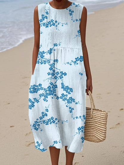 Women's Casual Retro Blue Plum Blossom Dress