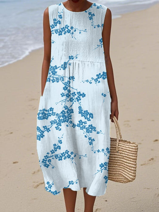 Women's Casual Retro Blue Plum Blossom Dress