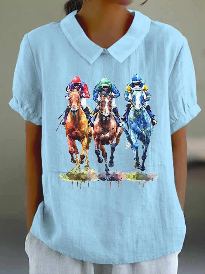 Women's Horse Racing Printed Doll Collar Casual Shirt