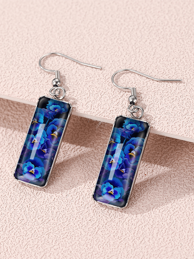 Purple Square Pansy Design Earrings