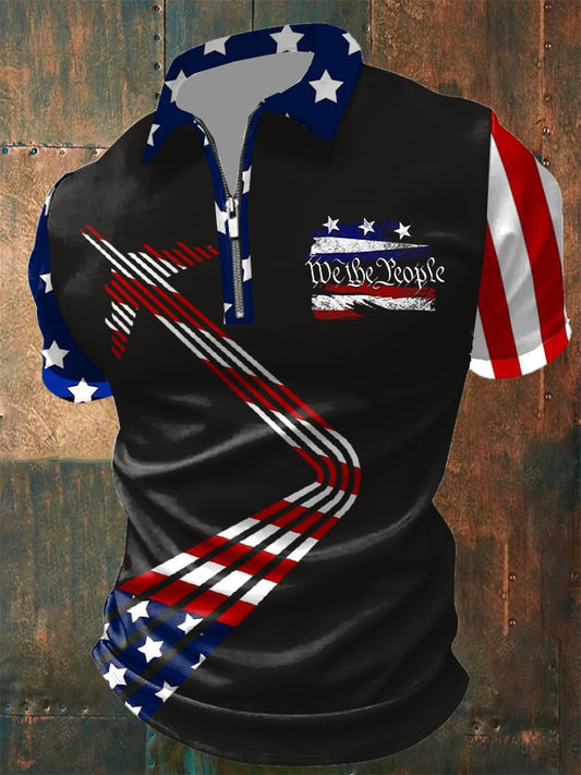 Men's Vintage Flag We The People Print Short Sleeve POLO Shirt