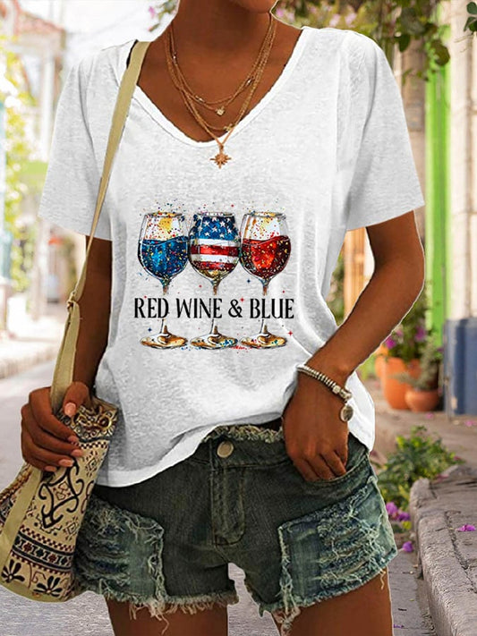 🔥Last Day 49% Off🔥Women's Red Wine & Blue Print Casual T-Shirt