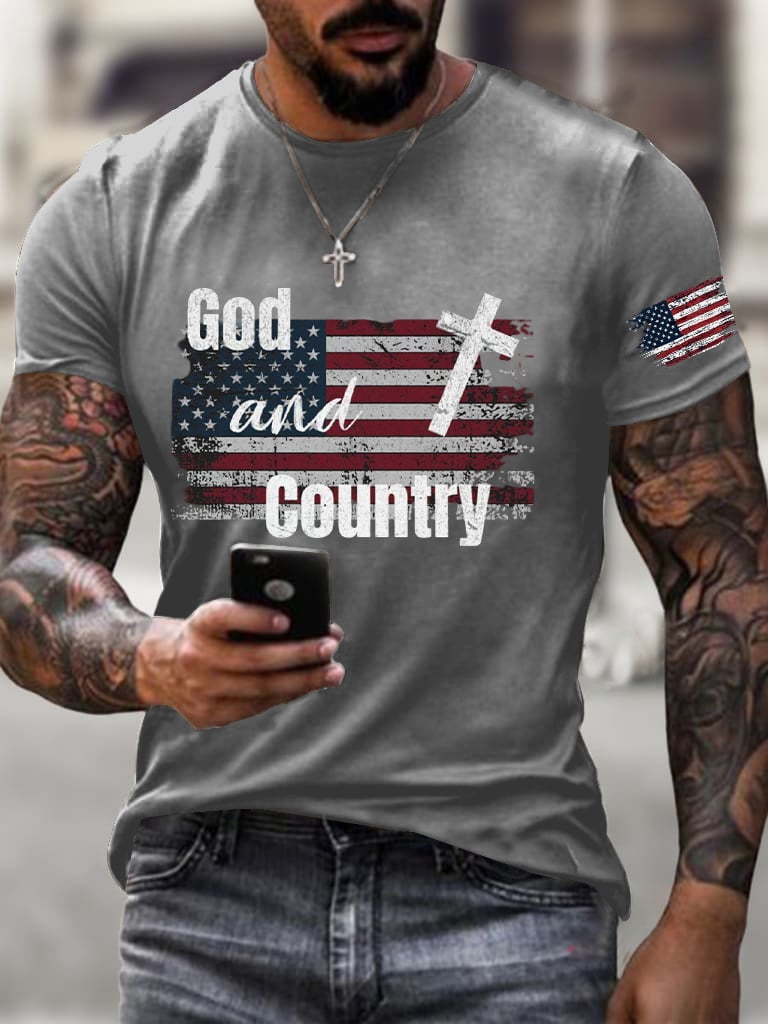 Men's Retro Independence Day Faith Printed Round Neck T-Shirt