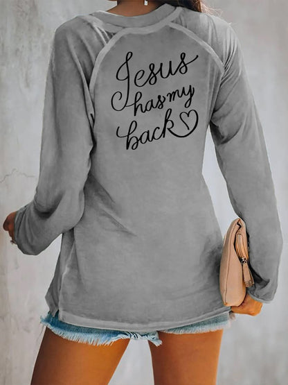 Women's Love Like Jesus Jesus Has My Back Casual V-Neck Long-Sleeve T-Shirt