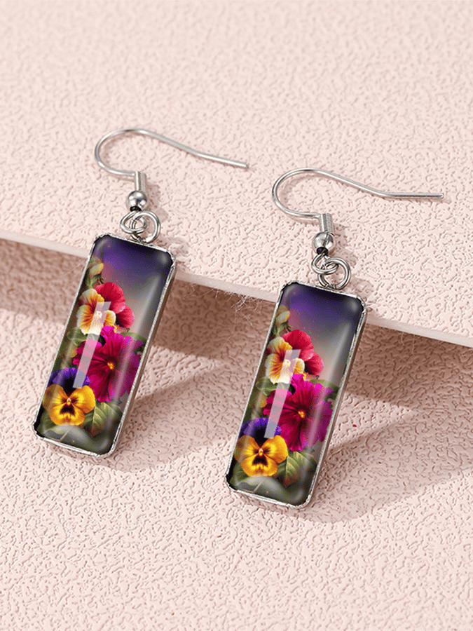 Purple Square Pansy Design Earrings