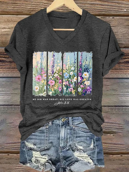 Women'S Casual My Sin Was Great His Love Was Greater Bible Verse painting Print Short Sleeve T-Shirt