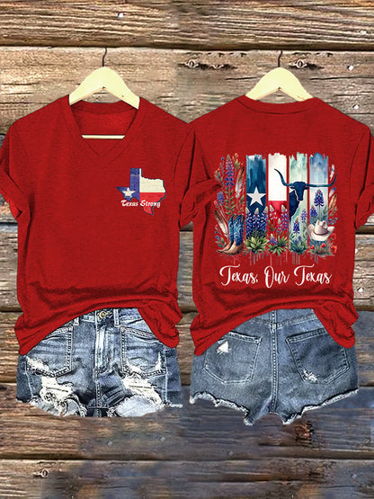 V-Neck Retro Texas Strong Texas Our Texas Print T-Shirt