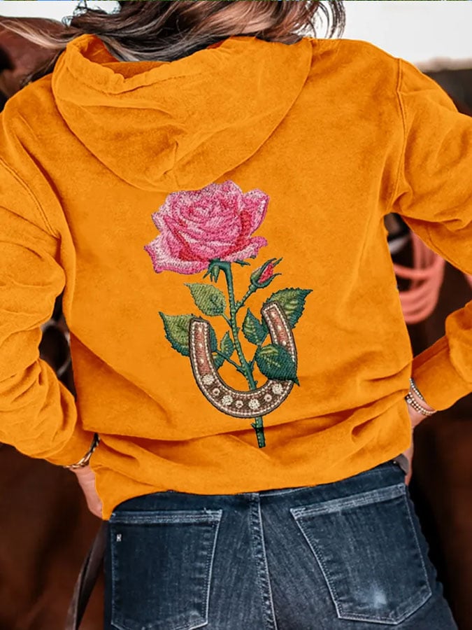 Women's Horse Racing Rose Printed Hooded Sweatshirt