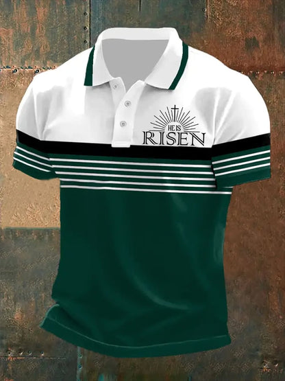Men's Retro “He Is Risen”  Casual Printed Polo Shirt