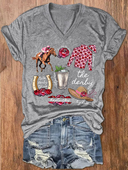 Women's Derby Horses Print V-Neck T-Shirt