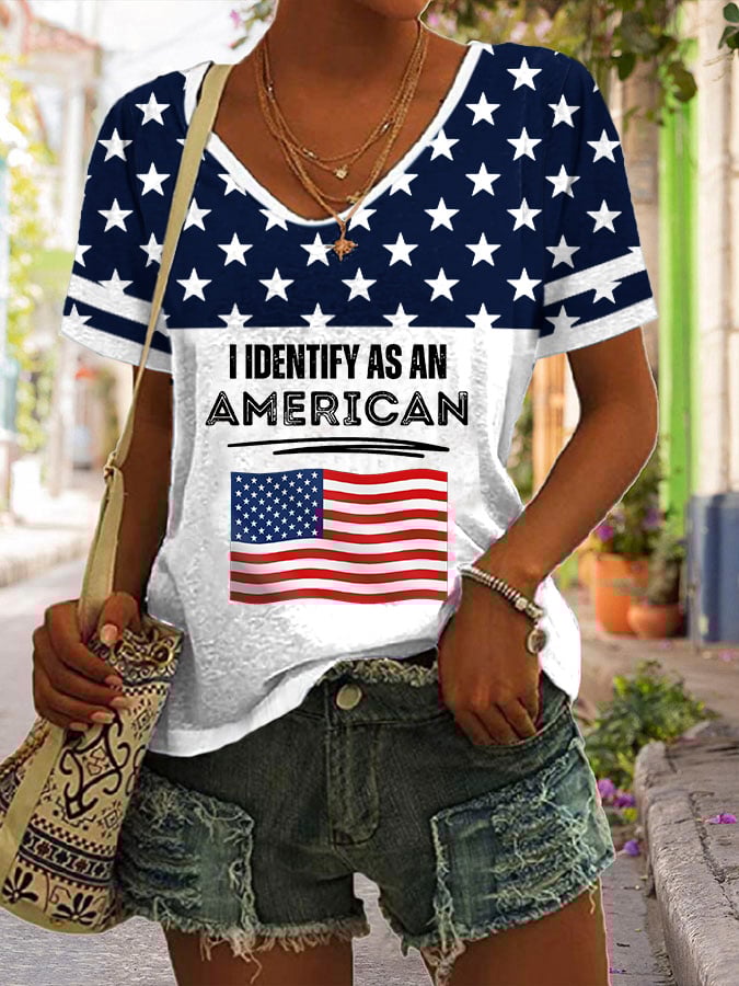 Women's I Identify As An American Print V Neck T-Shirt